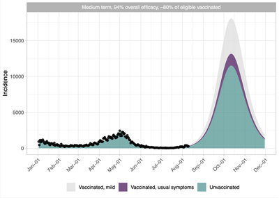 Figure 5: Incidence of COVID in Alberta: Medium-term projection with current controls in place, assuming that 80% of the eligible population is vaccinated and an overall efficacy of 94%, including both protection against infection and severe illness. Most mild cases would likely not be reported, depending on the testing system that is in place.